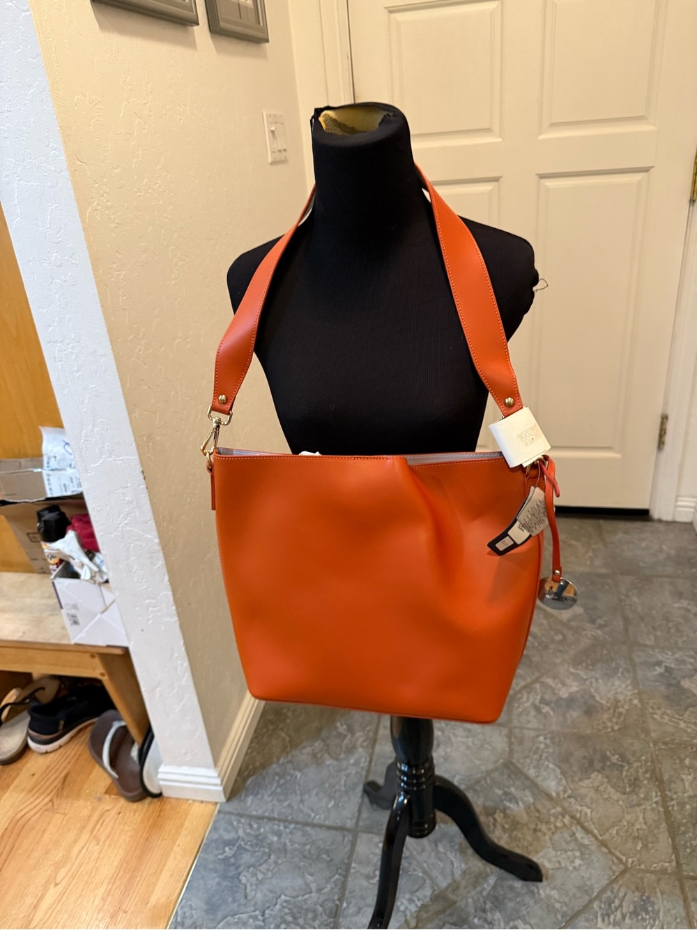 New from Italy Structured Orange Leather Shoulder Tote with Wide Strap